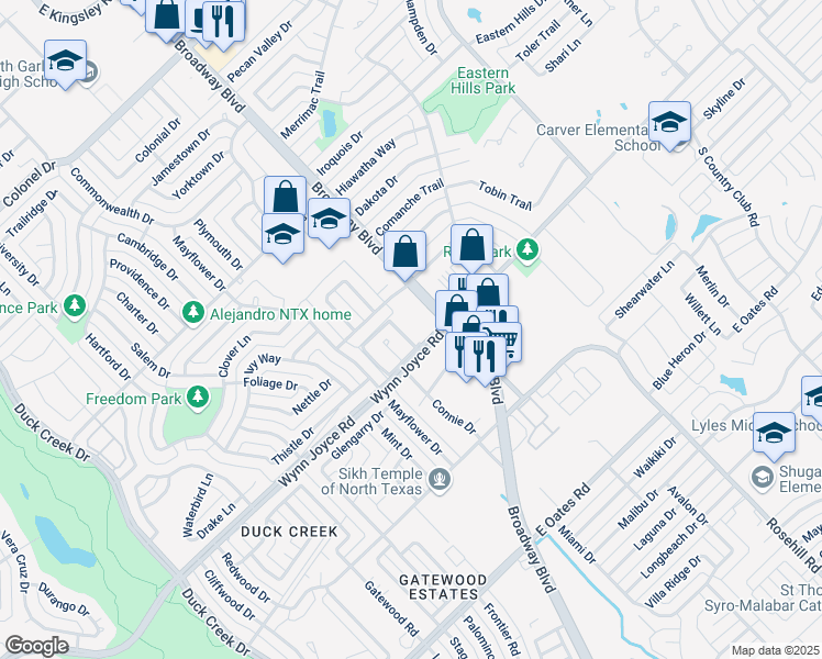 map of restaurants, bars, coffee shops, grocery stores, and more near 3959 Broadway Boulevard in Garland