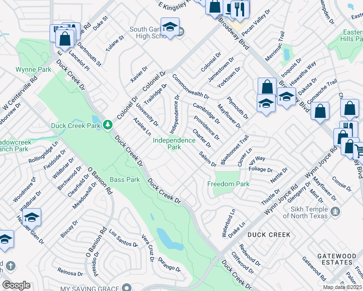 map of restaurants, bars, coffee shops, grocery stores, and more near 4001 Salem Drive in Garland