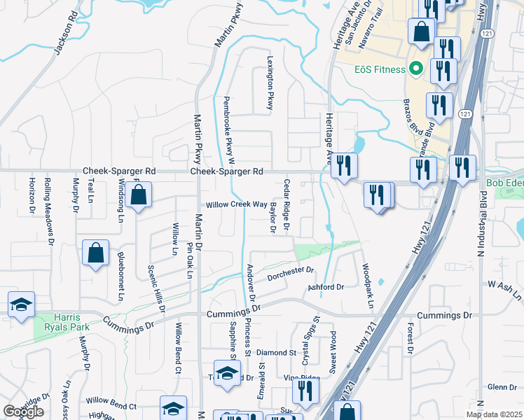 map of restaurants, bars, coffee shops, grocery stores, and more near 3325 Willow Creek Way in Bedford