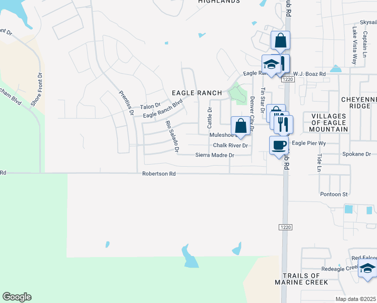 map of restaurants, bars, coffee shops, grocery stores, and more near 6725 Chalk River Drive in Fort Worth