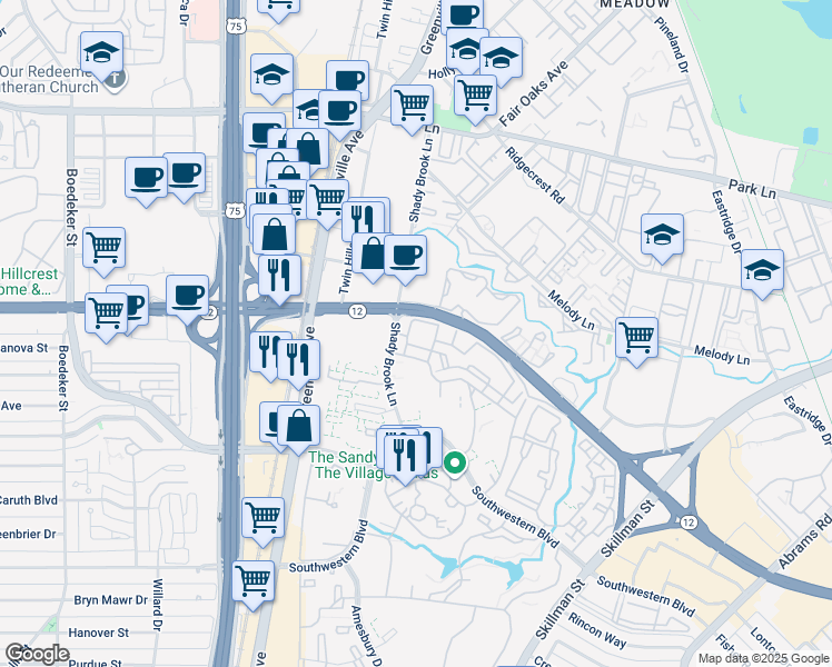 map of restaurants, bars, coffee shops, grocery stores, and more near 6550 Shady Brook Lane in Dallas