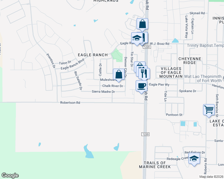map of restaurants, bars, coffee shops, grocery stores, and more near 6540 Sierra Madre Drive in Fort Worth