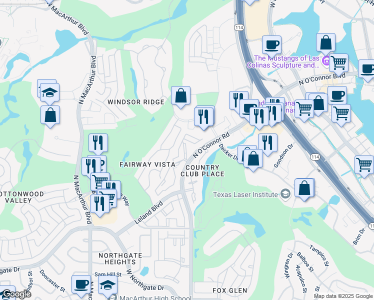 map of restaurants, bars, coffee shops, grocery stores, and more near 4813 North O'Connor Road in Irving