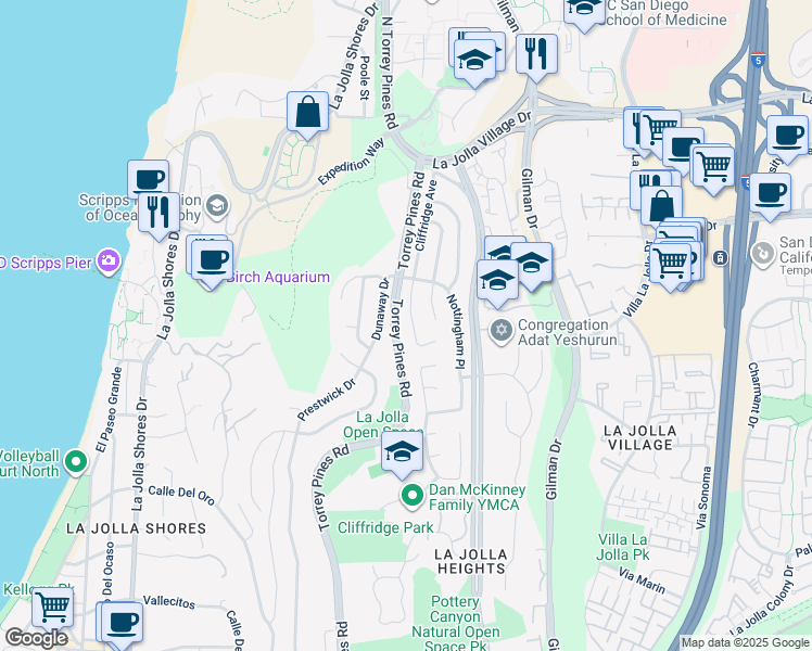 map of restaurants, bars, coffee shops, grocery stores, and more near 8686 Cliffridge Avenue in San Diego