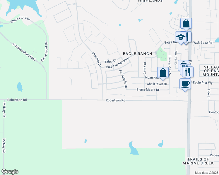 map of restaurants, bars, coffee shops, grocery stores, and more near 6956 Big Wichita Drive in Fort Worth