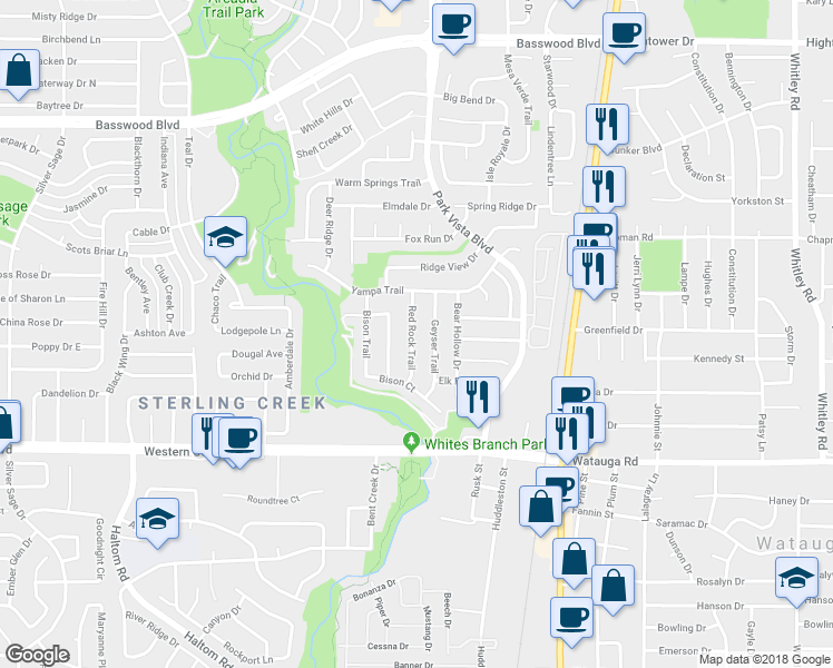map of restaurants, bars, coffee shops, grocery stores, and more near 6740 Red Rock Trail in Watauga
