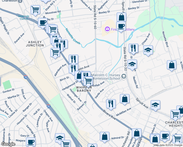map of restaurants, bars, coffee shops, grocery stores, and more near 3944 Whipper Barony Lane in North Charleston