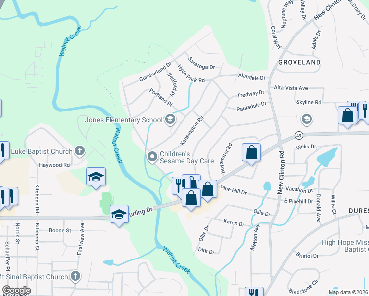 map of restaurants, bars, coffee shops, grocery stores, and more near 2370 Kensington Road in Macon