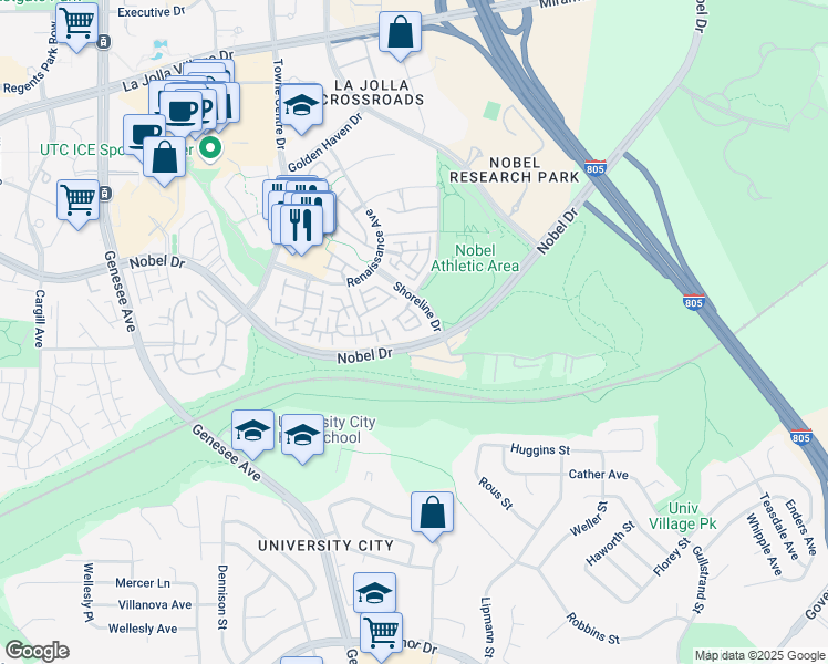 map of restaurants, bars, coffee shops, grocery stores, and more near 7274 Shoreline Drive in San Diego