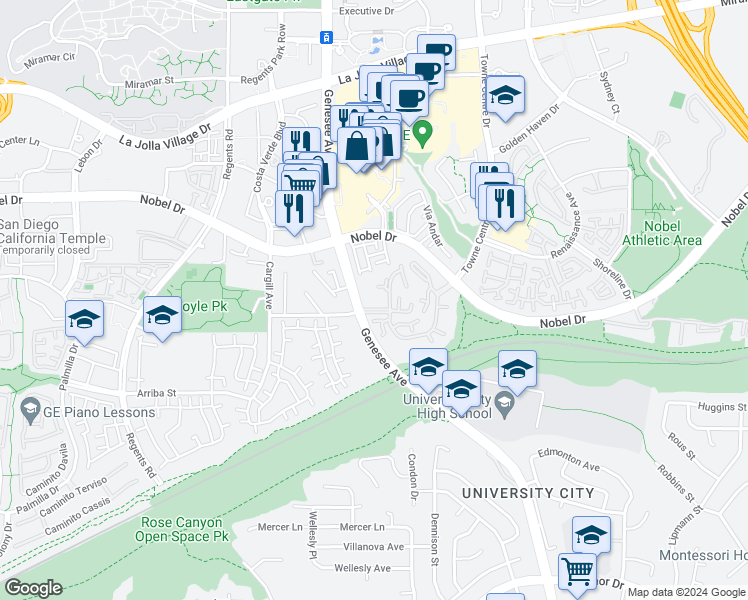 map of restaurants, bars, coffee shops, grocery stores, and more near 8148 Avenida Navidad in San Diego