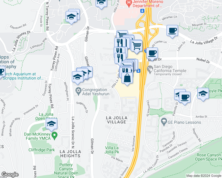 map of restaurants, bars, coffee shops, grocery stores, and more near 8605 Villa La Jolla Drive in San Diego