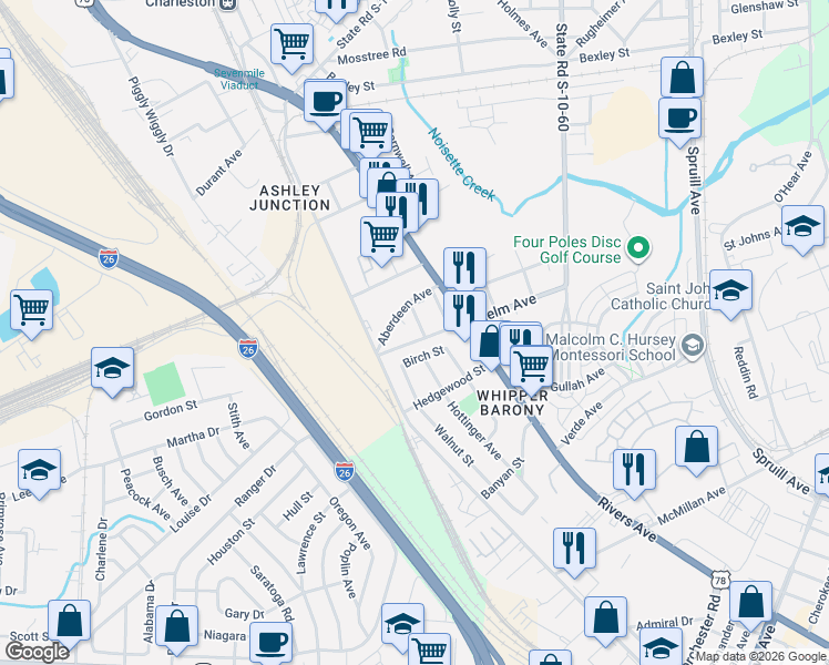 map of restaurants, bars, coffee shops, grocery stores, and more near 4020 Gravely Avenue in North Charleston