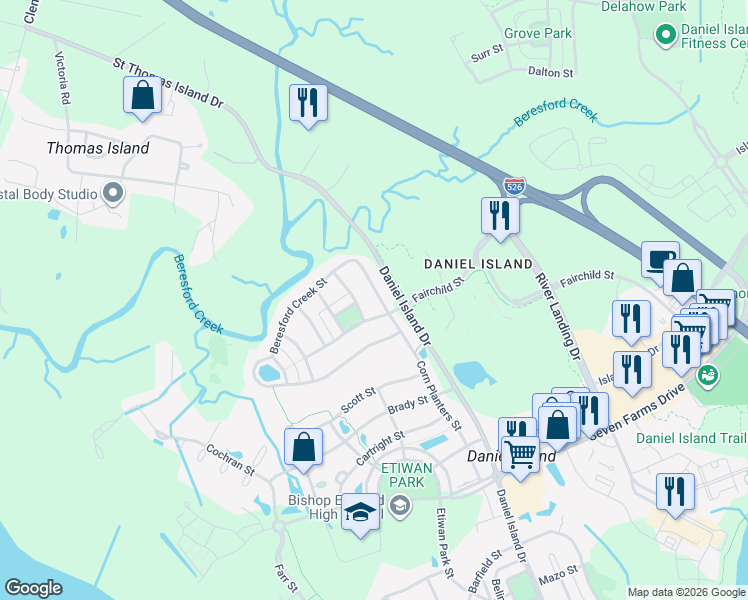 map of restaurants, bars, coffee shops, grocery stores, and more near 114 Codners Ferry Street in Charleston