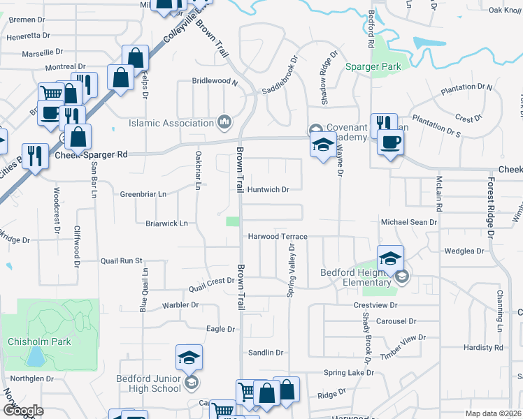 map of restaurants, bars, coffee shops, grocery stores, and more near 713 Mountain Laurel Lane in Bedford