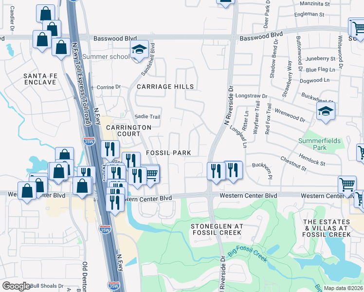 map of restaurants, bars, coffee shops, grocery stores, and more near 6725 Thaxton Trail in Fort Worth