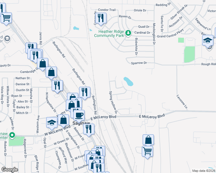 map of restaurants, bars, coffee shops, grocery stores, and more near 236 Spring Hollow Drive in Saginaw
