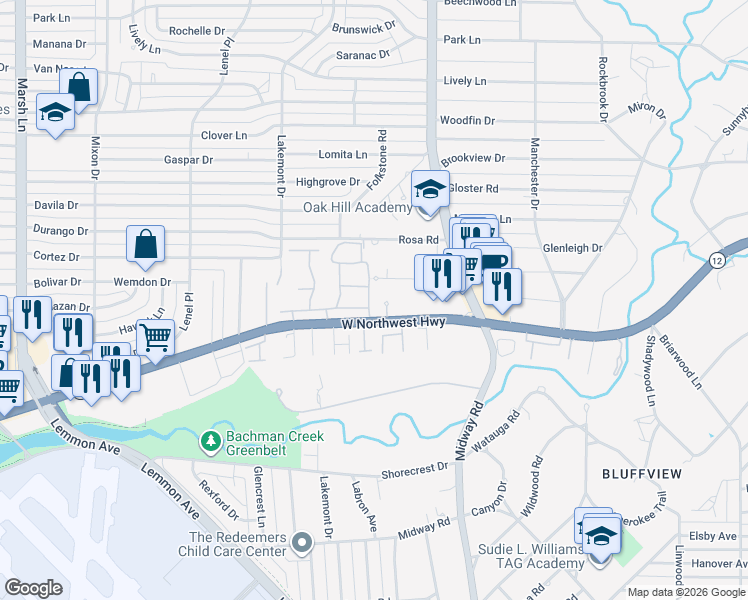 map of restaurants, bars, coffee shops, grocery stores, and more near 9227 Esplanade Drive in Dallas