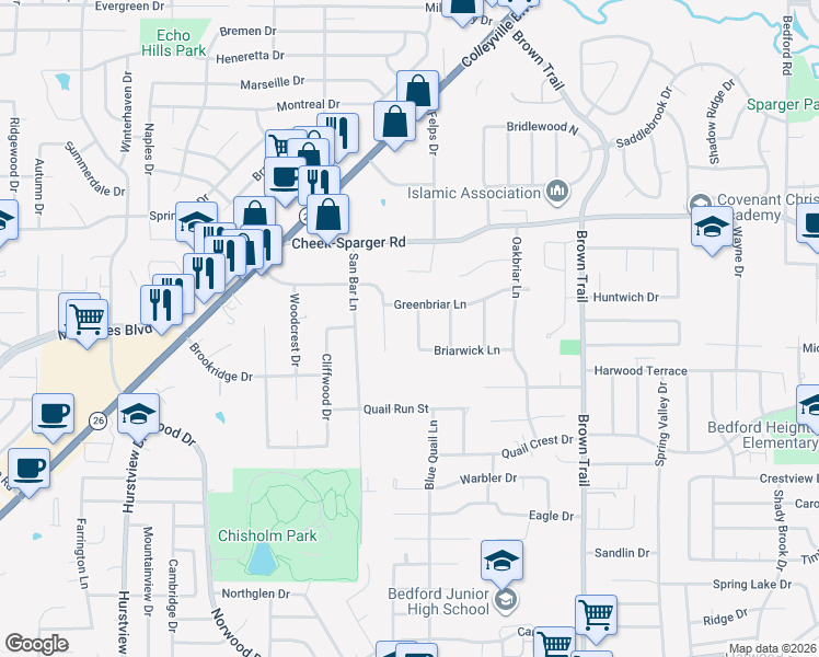 map of restaurants, bars, coffee shops, grocery stores, and more near 3712 Sweetbriar Lane in Colleyville