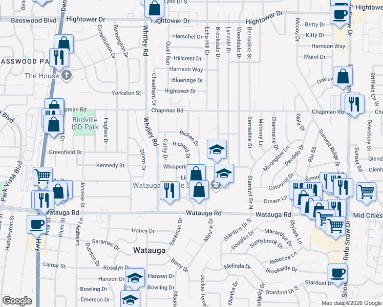 map of restaurants, bars, coffee shops, grocery stores, and more near 6020 Rickee Drive in Watauga