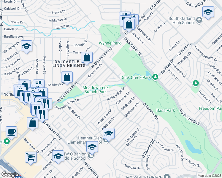 map of restaurants, bars, coffee shops, grocery stores, and more near 321 Meadow Creek Lane in Garland