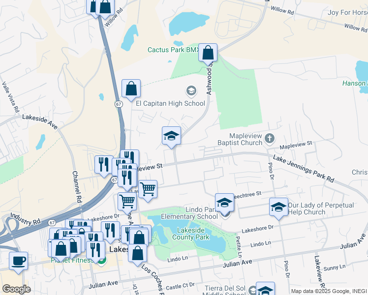 map of restaurants, bars, coffee shops, grocery stores, and more near 10237 Ashwood Street in Lakeside