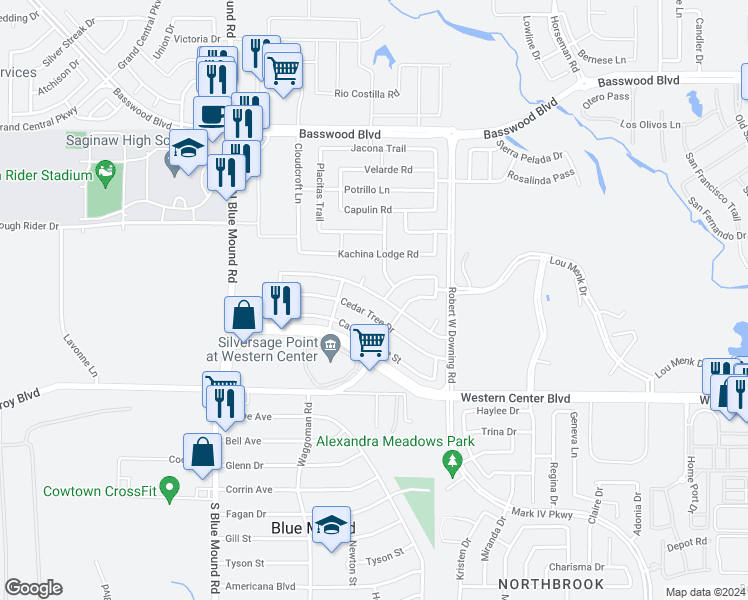 map of restaurants, bars, coffee shops, grocery stores, and more near 1832 Overland Street in Fort Worth