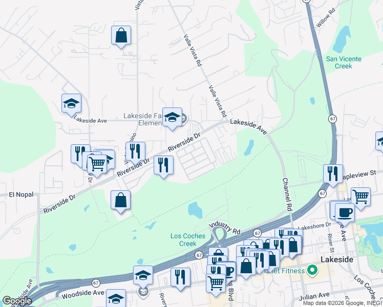 map of restaurants, bars, coffee shops, grocery stores, and more near Oakwood Lane in Lakeside
