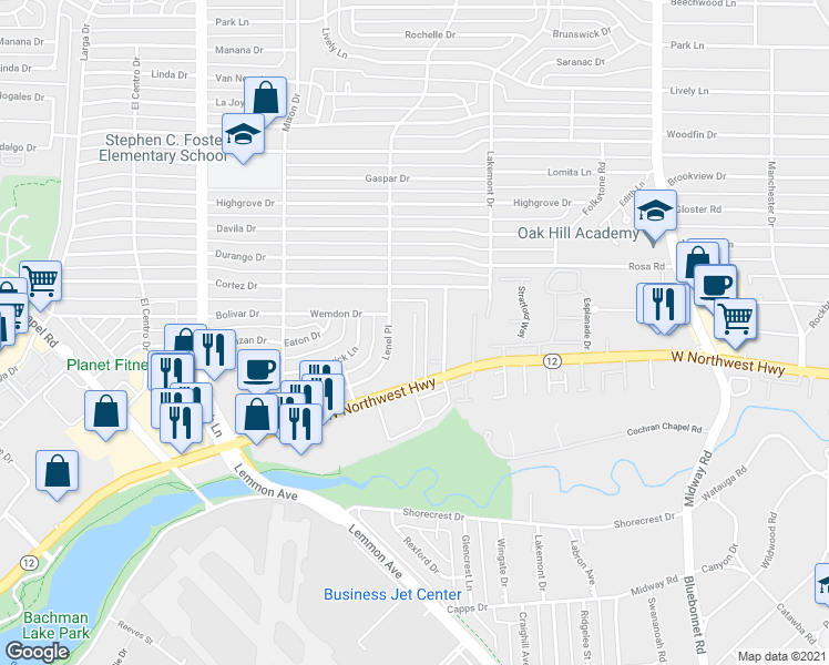 map of restaurants, bars, coffee shops, grocery stores, and more near 9444 Green Terrace Drive in Dallas
