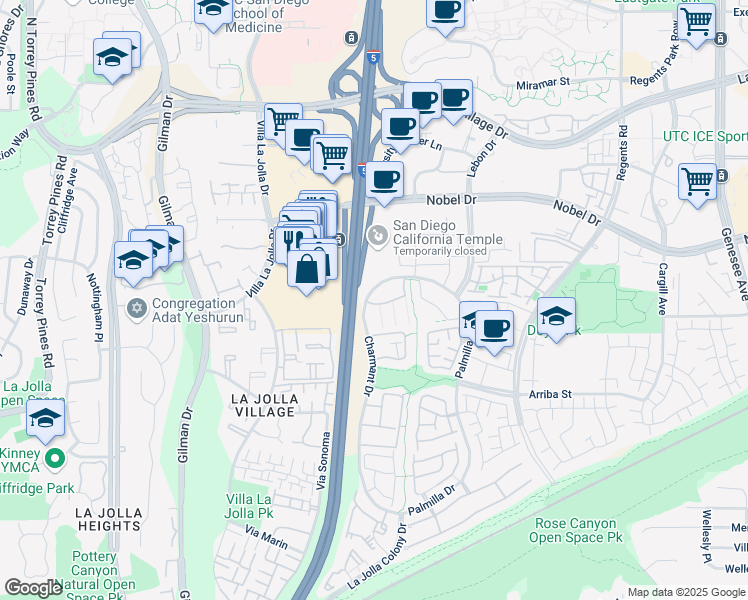 map of restaurants, bars, coffee shops, grocery stores, and more near 7415 Charmant Drive in San Diego