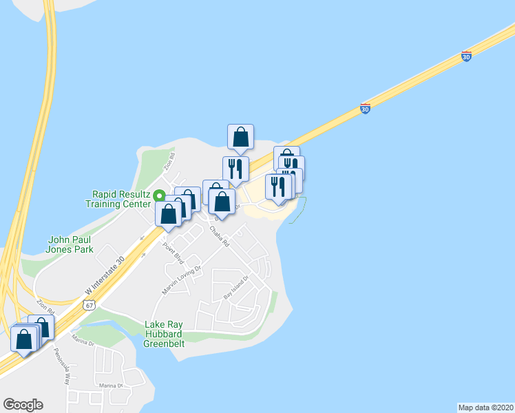 map of restaurants, bars, coffee shops, grocery stores, and more near 4707 Bass Pro Drive in Garland