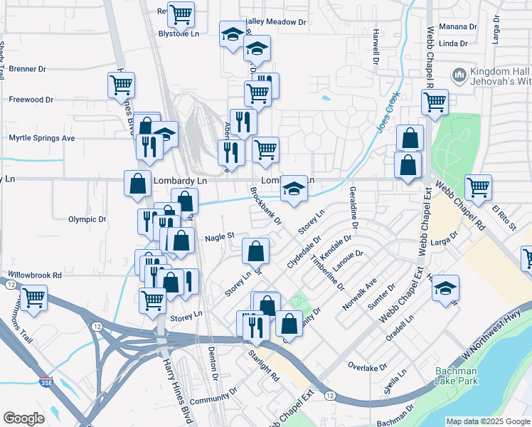 map of restaurants, bars, coffee shops, grocery stores, and more near 9505 Brockbank Drive in Dallas