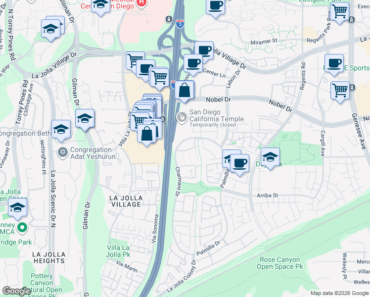 map of restaurants, bars, coffee shops, grocery stores, and more near 7425 Charmant Drive in San Diego