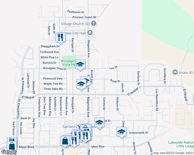 map of restaurants, bars, coffee shops, grocery stores, and more near 10438 Susie Place in Santee