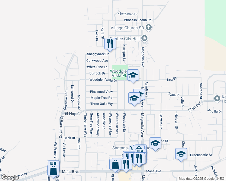 map of restaurants, bars, coffee shops, grocery stores, and more near 10147 Cedar Springs Drive in Santee
