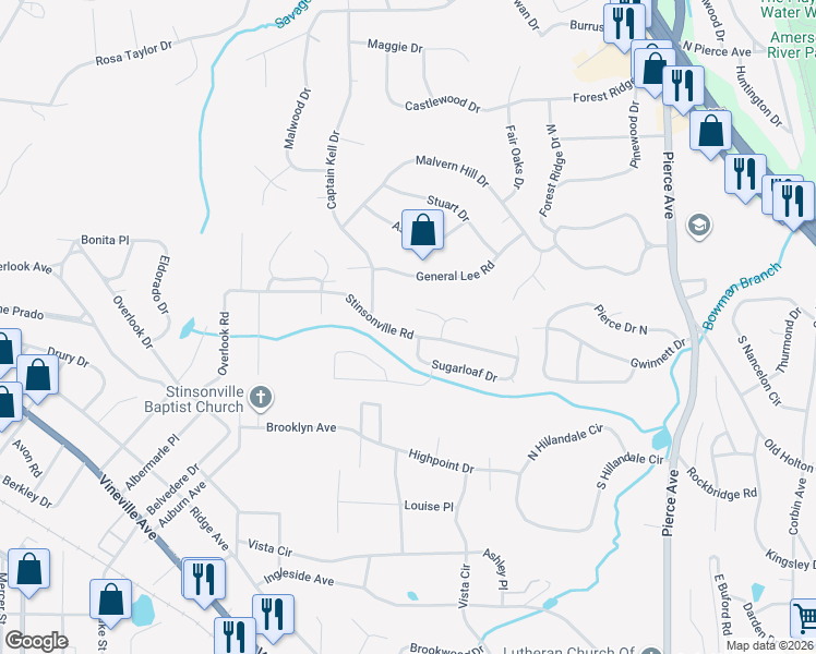 map of restaurants, bars, coffee shops, grocery stores, and more near 3343 Stinsonville Road in Macon