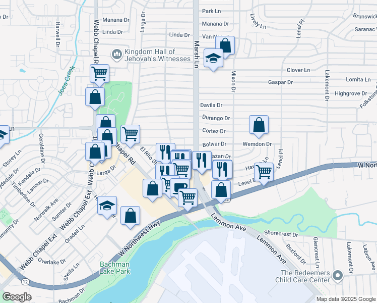 map of restaurants, bars, coffee shops, grocery stores, and more near 3636 Bolivar Drive in Dallas