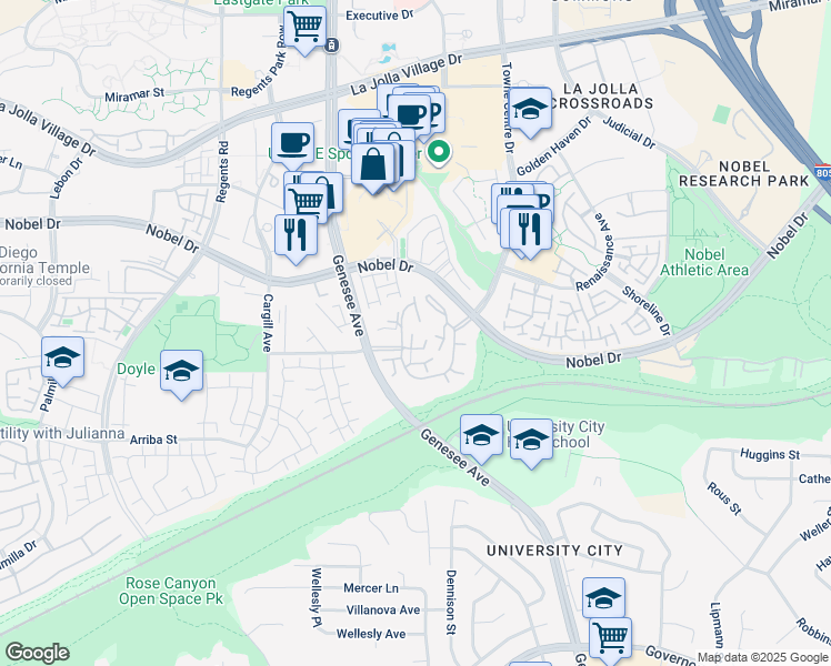 map of restaurants, bars, coffee shops, grocery stores, and more near 8148 Avenida Navidad in San Diego