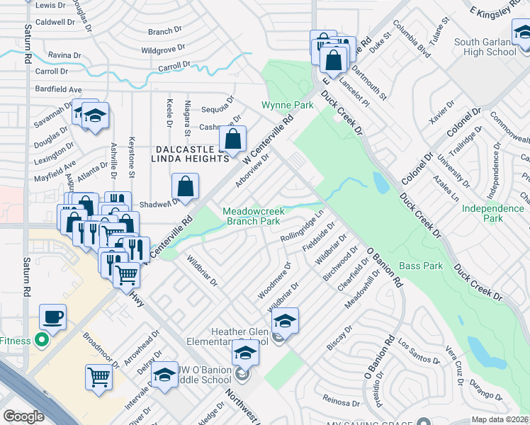 map of restaurants, bars, coffee shops, grocery stores, and more near 353 Brookview Drive in Garland