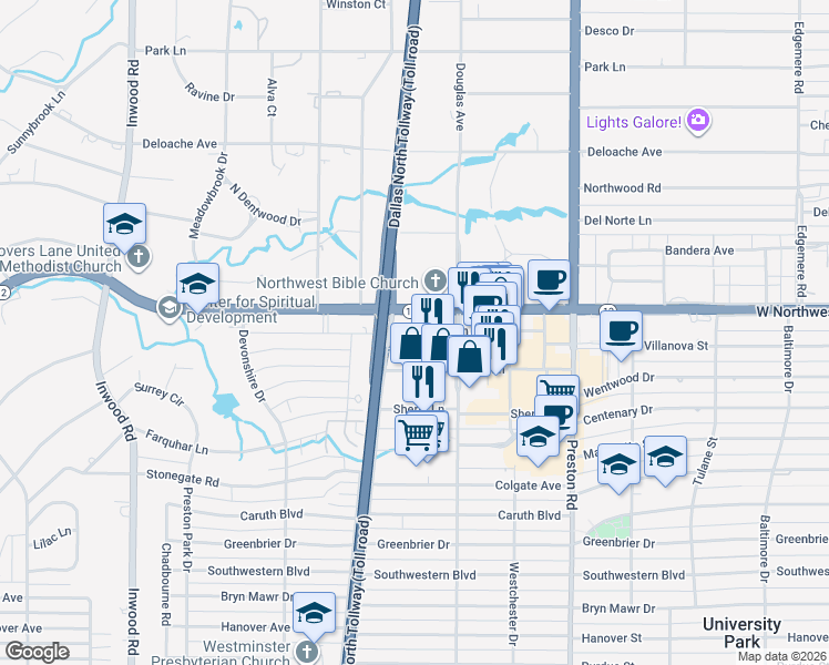 map of restaurants, bars, coffee shops, grocery stores, and more near 5840 West Northwest Highway in Dallas
