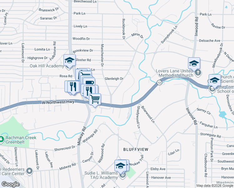 map of restaurants, bars, coffee shops, grocery stores, and more near 9101 Rockbrook Drive in Dallas