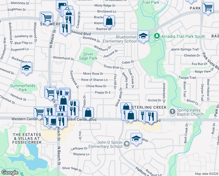 map of restaurants, bars, coffee shops, grocery stores, and more near 4752 China Rose Drive in Fort Worth