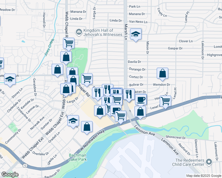 map of restaurants, bars, coffee shops, grocery stores, and more near 3602 Bolivar Drive in Dallas
