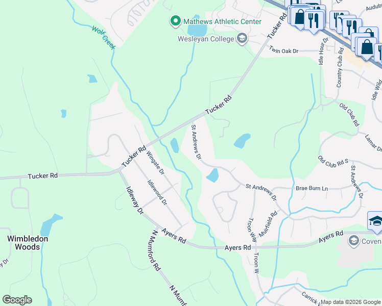 map of restaurants, bars, coffee shops, grocery stores, and more near 1164 Saint Andrews Drive in Macon