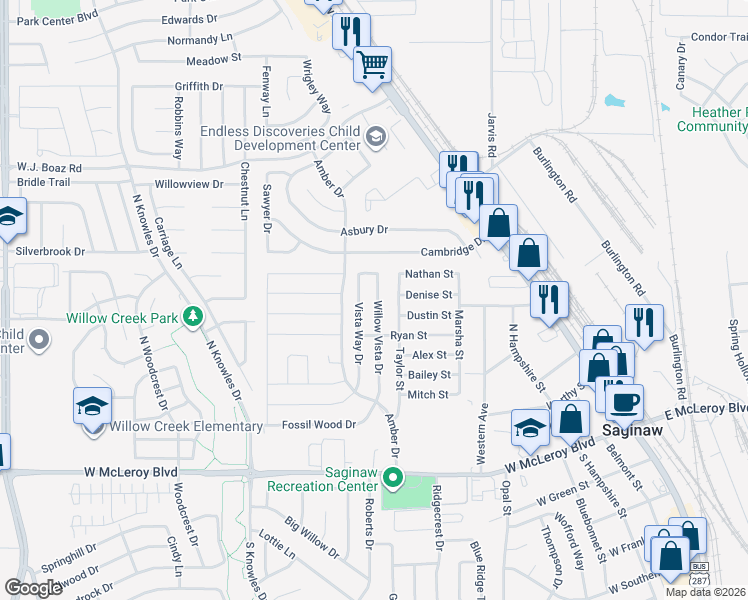 map of restaurants, bars, coffee shops, grocery stores, and more near 425 Willow Vista Drive in Saginaw