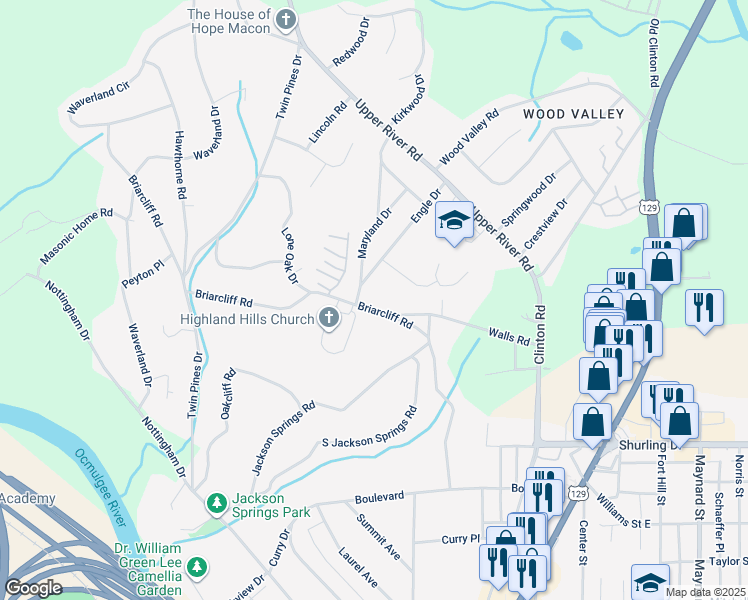 map of restaurants, bars, coffee shops, grocery stores, and more near 1355 Briarcliff Road in Macon