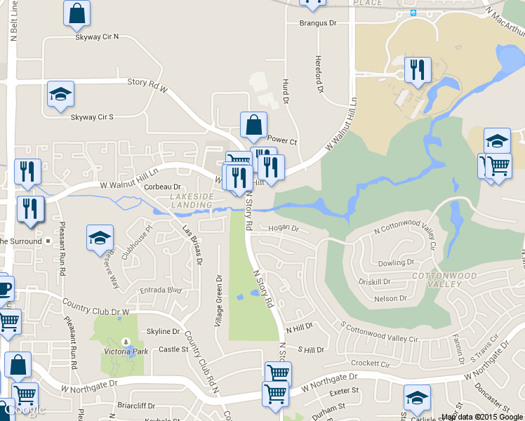 map of restaurants, bars, coffee shops, grocery stores, and more near 4460 North Story Road in Irving