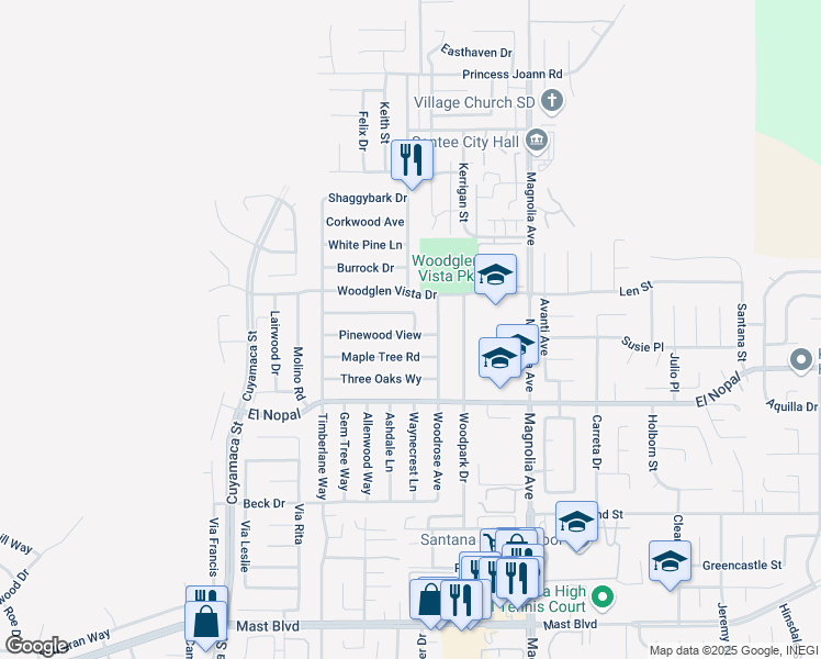 map of restaurants, bars, coffee shops, grocery stores, and more near 10146 Pinewood View in Santee