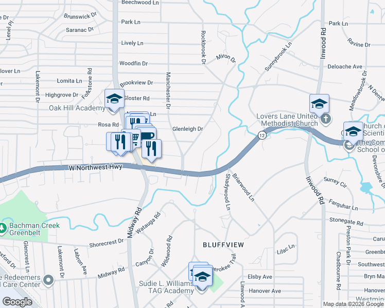 map of restaurants, bars, coffee shops, grocery stores, and more near 9101 Rockbrook Drive in Dallas