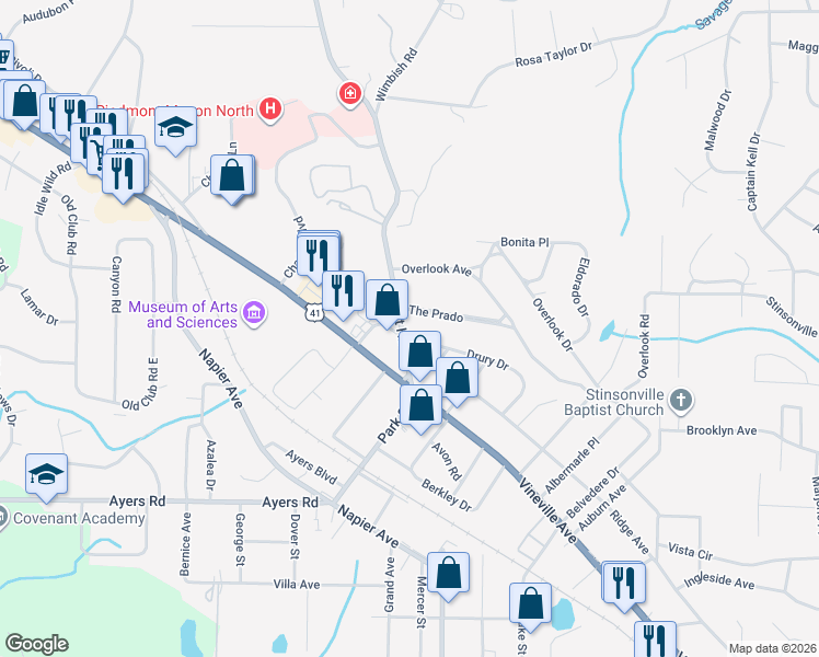 map of restaurants, bars, coffee shops, grocery stores, and more near 200-328 Forest Hill Rd in Macon