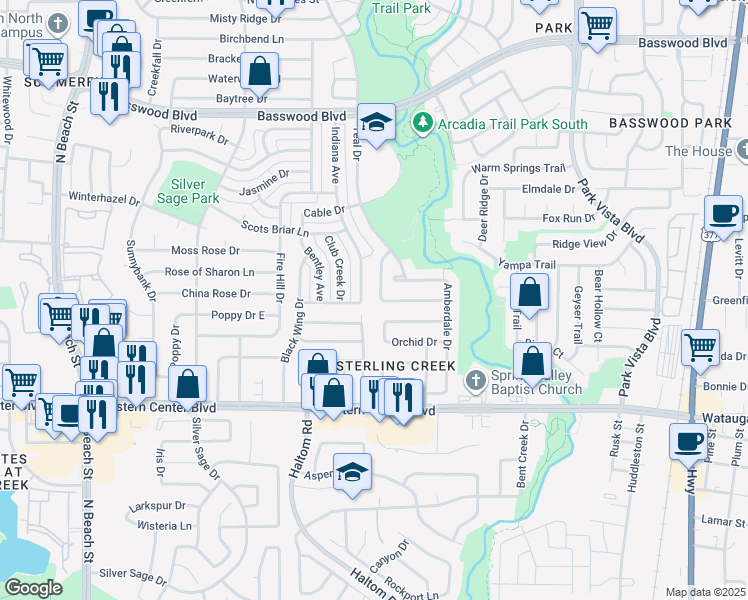 map of restaurants, bars, coffee shops, grocery stores, and more near 6901 Chaco Trail in Fort Worth
